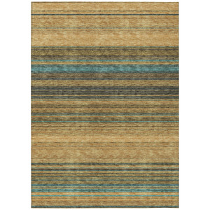 9' X 12' Wheat Brown And Teal Blue Striped Washable Indoor Outdoor Area Rug