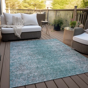 10' X 14' Teal Blue Gray And Charcoal Oriental Washable Indoor Outdoor Area Rug