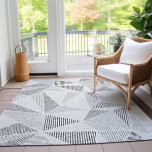 9' X 12' Gray Charcoal And Silver Geometric Washable Indoor Outdoor Area Rug