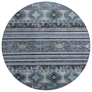 8' Blue Gray And Charcoal Round Tribal Washable Indoor Outdoor Area Rug