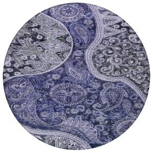 8' Navy Blue Gray And Green Round Floral Medallion Washable Indoor Outdoor Area Rug