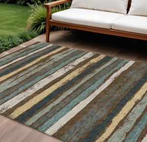 8' X 10' Brown Beige And Green Striped Washable Indoor Outdoor Area Rug