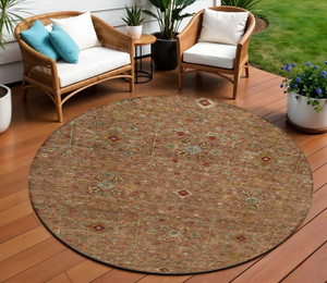 8' Brown Red And Green Round Floral Washable Indoor Outdoor Area Rug