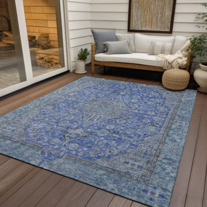 8' X 10' Blue And Gray Medallion Washable Indoor Outdoor Area Rug - Blue, Gray