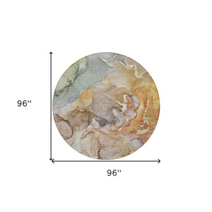 8' Round Gray and Gold Round Abstract Washable Non Skid Indoor Outdoor Area Rug