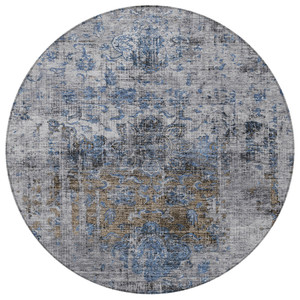 8' Blue And Gray Round Floral Washable Indoor Outdoor Area Rug - 880016745771