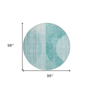 8' Teal Blue And Aqua Round Geometric Washable Indoor Outdoor Area Rug