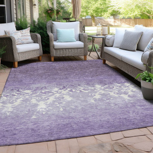 10' X 14' Purple And Ivory Damask Washable Indoor Outdoor Area Rug - Purple, Ivory