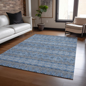 8' X 10' Navy Blue And Sky Blue Floral Medallion Washable Indoor Outdoor Area Rug