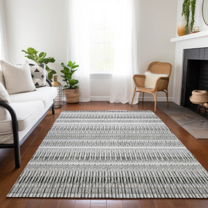 10' X 14' Ivory Gray And Taupe Striped Washable Indoor Outdoor Area Rug