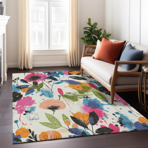 10' X 14' Ivory Pink Orange And Blue Floral Washable Indoor Outdoor Area Rug