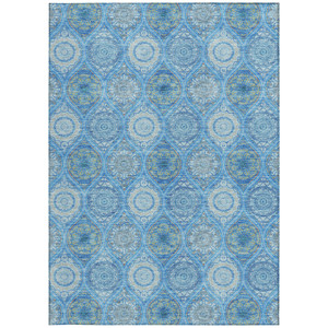 8' X 10' Denim Blue Sky Blue And Ivory Floral Medallion Washable Indoor Outdoor Area Rug