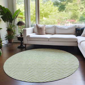 8' Artichoke Green And Ivory Round Chevron Washable Indoor Outdoor Area Rug