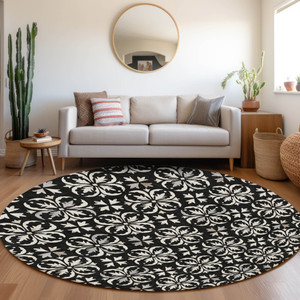 8' Black And Ivory Round Floral Washable Indoor Outdoor Area Rug Transitional Style - Black, Ivory Color
