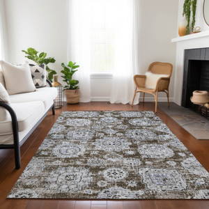 8' X 10' Chocolate And Blue Floral Washable Indoor Outdoor Area Rug
