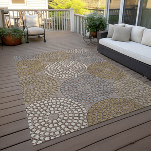 9' X 12' Taupe Beige And Green Geometric Washable Indoor Outdoor Area Rug