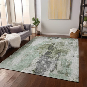 10' X 14' Mint Green Ivory And Gray Abstract Washable Indoor Outdoor Area Rug
