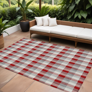 8' X 10' Red Gray And Beige Plaid Washable Indoor Outdoor Area Rug