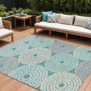 10' X 14' Teal Blue Beige And Gray Geometric Washable Indoor Outdoor Area Rug