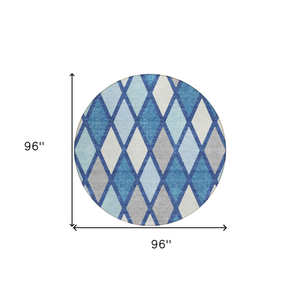 8' Navy Blue Sky Blue And Ivory Round Geometric Washable Indoor Outdoor Area Rug