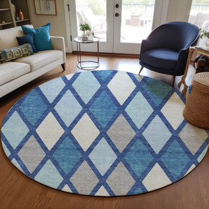 8' Navy Blue Sky Blue And Ivory Round Geometric Washable Indoor Outdoor Area Rug