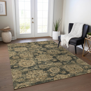 8' X 10' Charcoal Gold And Tan Floral Washable Indoor Outdoor Area Rug