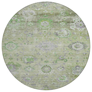 8' Mint Green And Gray Round Floral Washable Indoor Outdoor Area Rug
