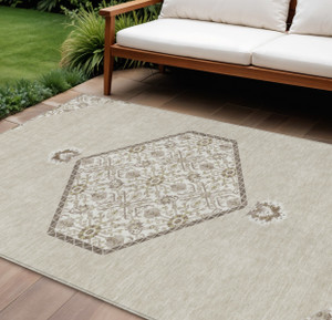 9' X 12' Beige Brown And Ivory Oriental Washable Indoor Outdoor Area Rug