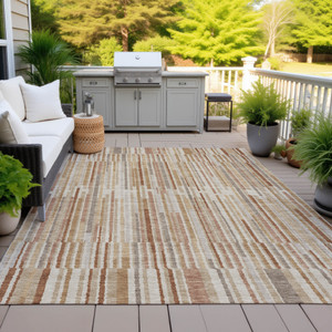 10' X 14' Terra Cotta And Beige Striped Washable Indoor Outdoor Area Rug