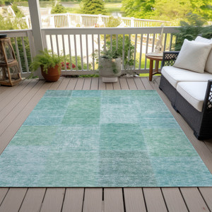 8' X 10' Teal Blue Sage And Green Patchwork Washable Indoor Outdoor Area Rug