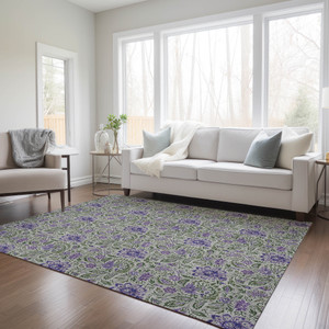 9' X 12' Olive Green Sage And Purple Floral Washable Indoor Outdoor Area Rug