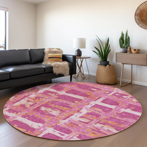 8' Blush Pink And Orange Round Striped Washable Indoor Outdoor Area Rug