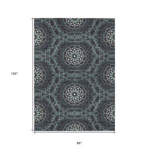 8' X 10' Charcoal Gray And Ivory Floral Medallion Washable Indoor Outdoor Area Rug