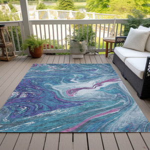 8' X 10' Teal Blue Purple And Pink Abstract Washable Indoor Outdoor Area Rug