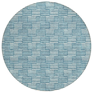 8' Teal Blue And Ivory Round Geometric Washable Indoor Outdoor Area Rug - 608219235604