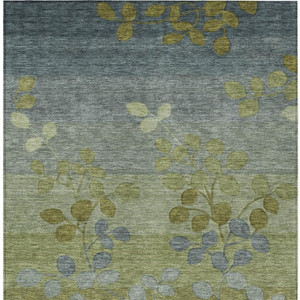 9' X 12' Olive Green And Gray Floral Washable Indoor Outdoor Area Rug