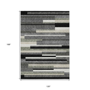 10' X 14' Black Charcoal And Gray Striped Washable Indoor Outdoor Area Rug