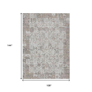 9' X 12' Taupe And Ivory Patchwork Washable Indoor Outdoor Area Rug