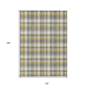 10' X 14' Gray Yellow And White Plaid Washable Indoor Outdoor Area Rug