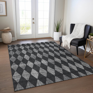 8' X 10' Charcoal Geometric Washable Indoor Outdoor Area Rug