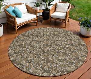 8' Brown And Ivory Round Floral Washable Indoor Outdoor Area Rug