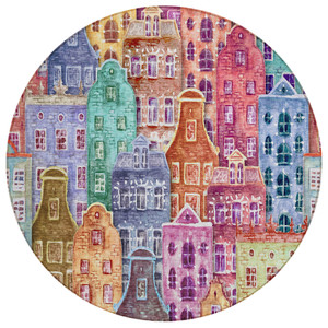8' Red Gold And Teal Blue Round Village Houses Washable Indoor Outdoor Area Rug