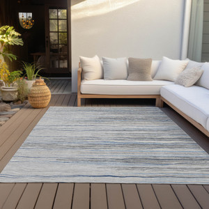 10' X 14' Gray Silver And Blue Striped Washable Indoor Outdoor Area Rug