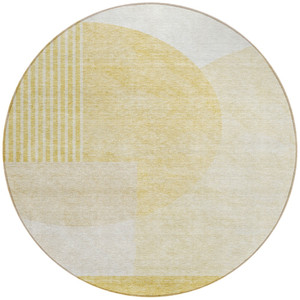 8' Gold Wheat And Ivory Round Geometric Washable Indoor Outdoor Area Rug
