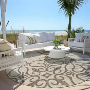 8' Taupe Copper And Green Round Floral Medallion Washable Indoor Outdoor Area Rug