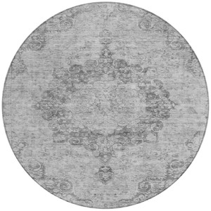 8' Silver Round Floral Medallion Washable Indoor Outdoor Area Rug