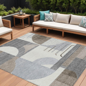 8' X 10' Taupe Gray And Ivory Geometric Washable Indoor Outdoor Area Rug