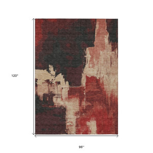 8' X 10' Brick Red And Red Abstract Washable Indoor Outdoor Area Rug