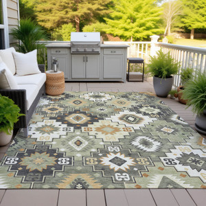 10' X 14' Fern Green Gold And Charcoal Southwestern Washable Indoor Outdoor Area Rug