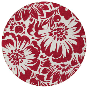 8' Round Burgundy and White Round Floral Washable Non Skid Indoor Outdoor Area Rug